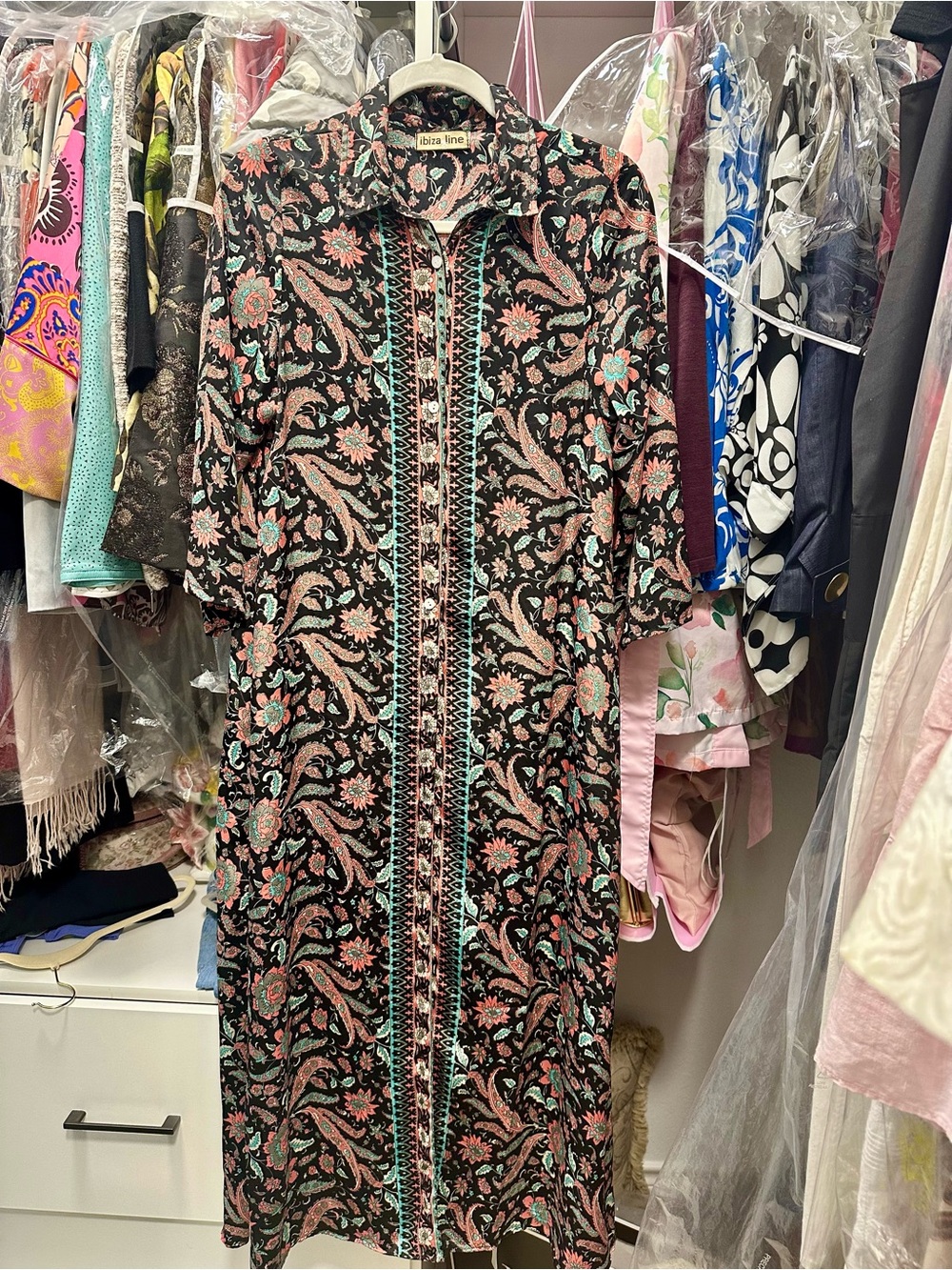 Floral Paisley Black Midi Shirt Dress - Pink & Teal